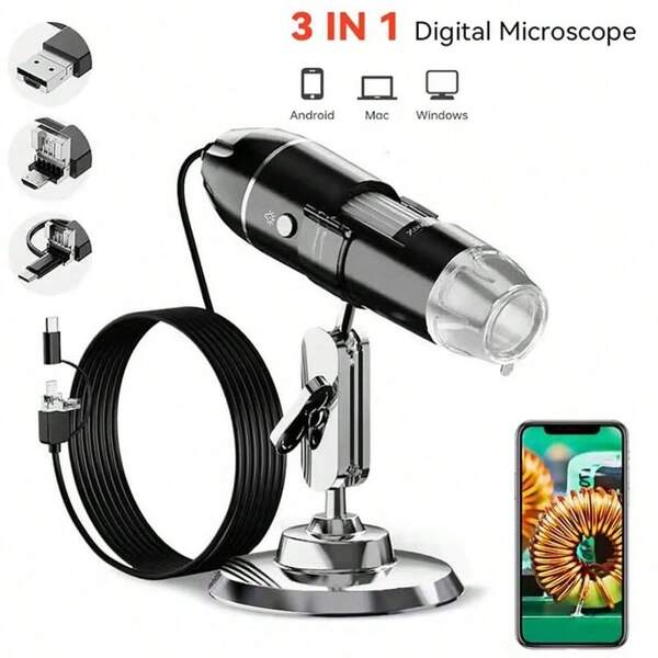 Cámara de microscopio digital USB Tipo-C y Android 3 en 1, microscopio digital portátil 1600X, adecuado para soldadura, lupa LED, lupa alimentada por USB Tipo-C