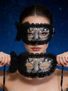 半脸超级仙女妆容舞会公主面具女性派对半脸珍珠蕾丝水钻角色扮演，仙女面具。 - 彩色 - 查看 4