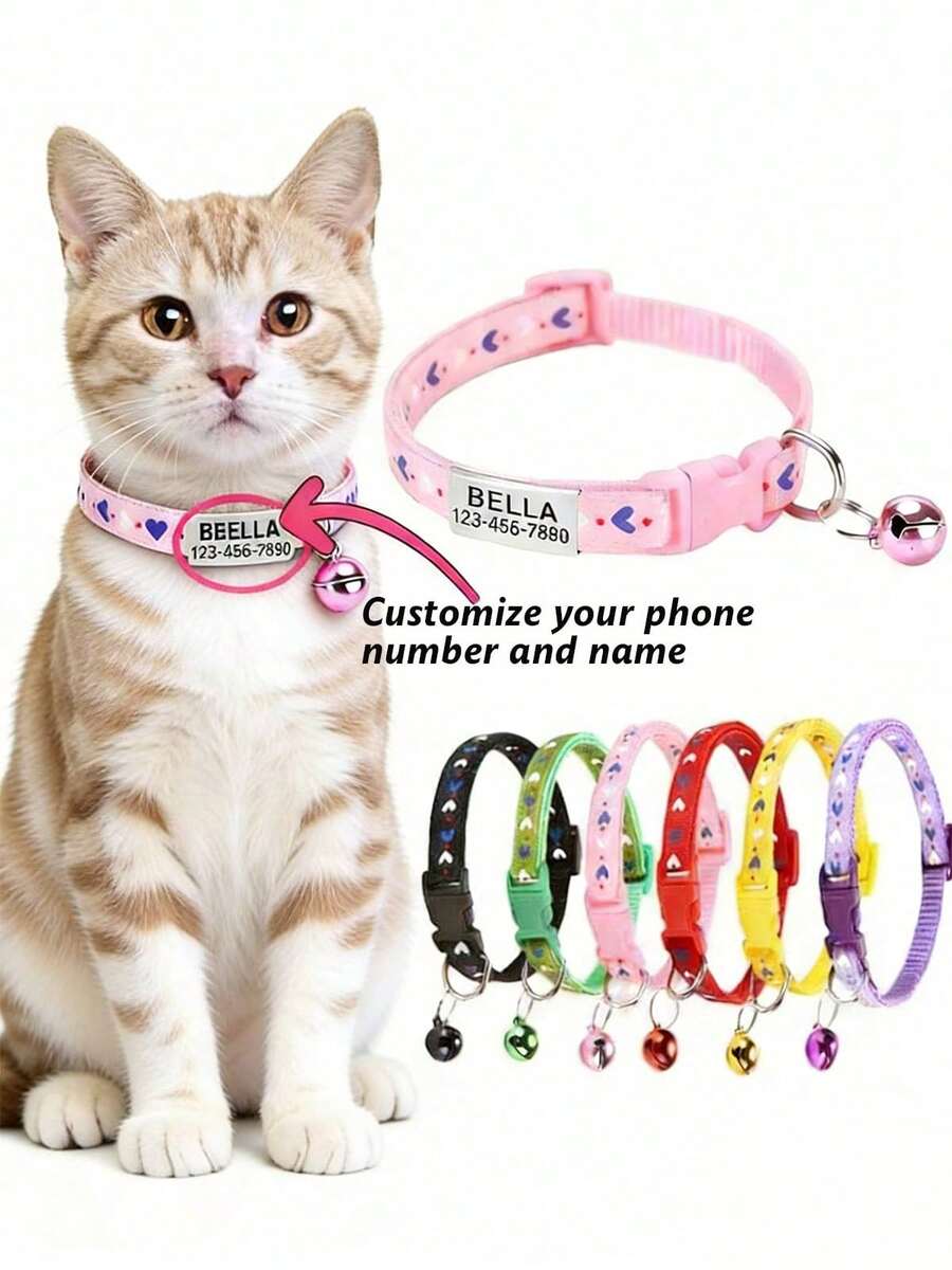 Personalized Cat Collar, Soft Corduroy Cat Collar With Bell Pendant And Pet ID Tag, Customizable With Pet Name And Phone Number, Anti-Lost Cat Collar - Multicolor - View 1