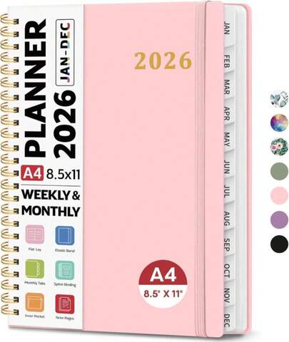 2026 Planner 8.5" X 11", Weekly And Monthly Calendar Planner Book, January 2026 - December 2026, Hardcover Spiral Planner With Monthly Tabs, Notes Pages, Perfect For Women &Amp; Men, A4 - Pink