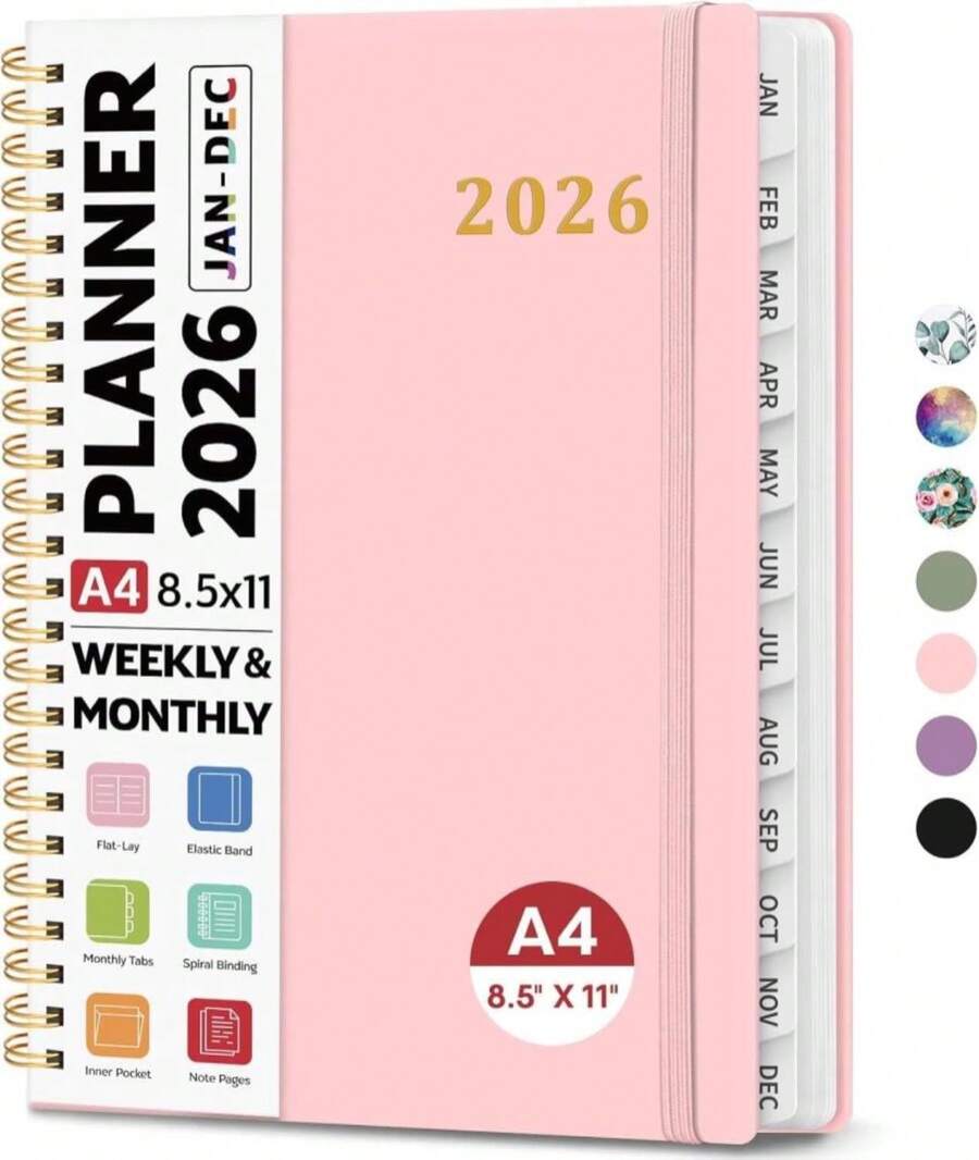 2026 Planner 8.5" X 11", Weekly And Monthly Calendar Planner Book, January 2026 - December 2026, Hardcover Spiral Planner With Monthly Tabs, Notes Pages, Perfect For Women &Amp; Men, A4 - Pink - ColorB - 查看 1