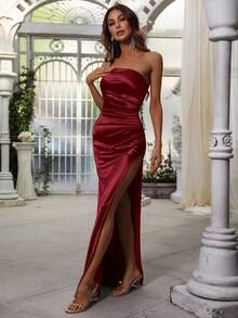 One Shoulder Split Thigh Satin Formal Dress Elegant Bridesmaid Dress - Burgundy - View 3