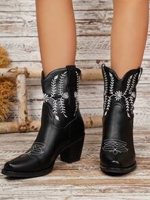 女士尖头粗跟刺绣西部牛仔踝靴 - 黑色 - 查看 6