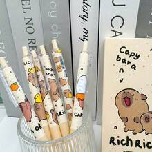 6支装水豚主题凝胶笔，时尚可爱设计，适合练习，0.5毫米黑色墨水，回归精细书写工具，大容量多层铅笔盒，返校必备办公用品，情人节礼物 - 彩色 - 查看 12