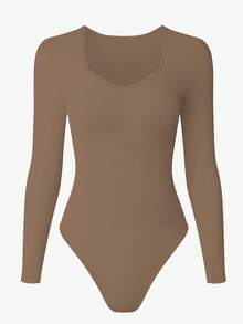 Body de mujer de unicolor acanalado de manga larga moldeador de verano - Beis - Ver 6
