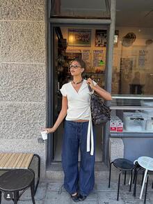 女士V领交叉系带针织上衣，收腰设计，百搭简约，适合日常穿着，夏季 - 白色 - 查看 4