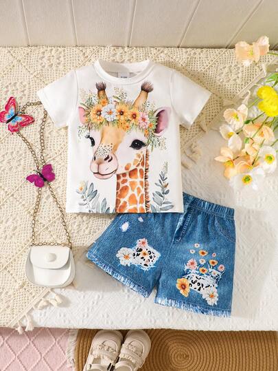 2pcs/Set Baby Girls 3D Deer Print Short Sleeve Denim Effect Shorts Set, Suitable For Summer