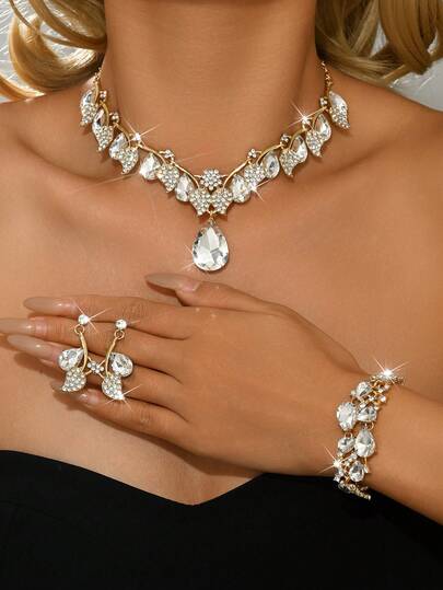 1 Set Luxury Elegant Women Jewelry Set, 4pcs Includes Necklace, Earrings, Bracelet, Suitable For Bride, Wedding, Party, Formal Occasions Golden White, Red, Green