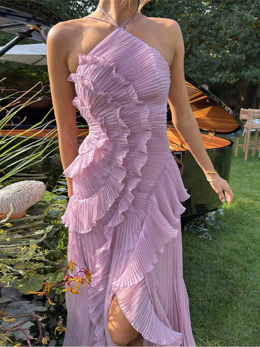 Women Ruffle Hem Pleated Sheer Mesh Long Maxi Dress Sleeveless Halter Neck Irregular Tiered Flowy Long Maxi Dresses For Wedding Guest Summer Holiday Beachwear - 紫羅蘭色 - 查看 1