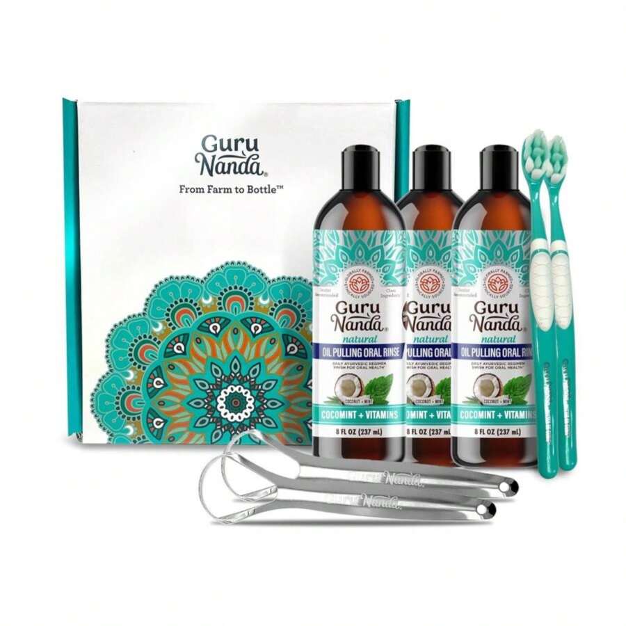 GuruNanda CocoMint Oil Pulling Mouthwash For Complete Oral Hygiene, 7 Essential Oils &Amp; Vitamins For Happy Teeth &Amp; Gums &Amp; Fresh Breath , Alcohol-Free, 8 Oz - MàuB - Xem 1