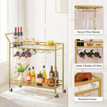 [Golden Bar Cart] Golden 2-Tier Bar Cart With Wine Rack And Glass Holder | Kitchen Serving Cart With Wheels And Guard Rails For Dining Room, Living Room, Party, Home - Golden Color - View 7