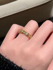 rundraw 1/4枚奢华镂空四叶草几何旭日纹理立方氧化锆可调节铜金戒指，女士款，适合派对、节日、送给朋友和爱人的礼物 - 金色 - 查看 4