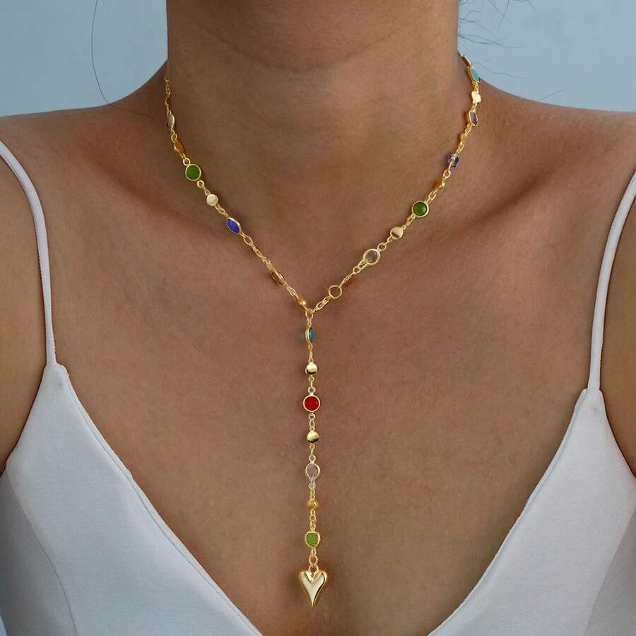 Vintage Colorful Rhinestone Multi-Layer Necklace Cross Pendant Zinc Alloy Gold Plated Stacked Wear Collarbone Chain - Style 3 - View 1