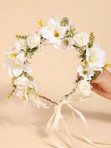 1 pièce Couronne de mariée bohème avec fleur de rose rose, couronne de fleurs romantique pour mariage, couronnes, tiare, couronne de costume, guirlande de cheveux, couronne de tête - Blanc - Voir 1