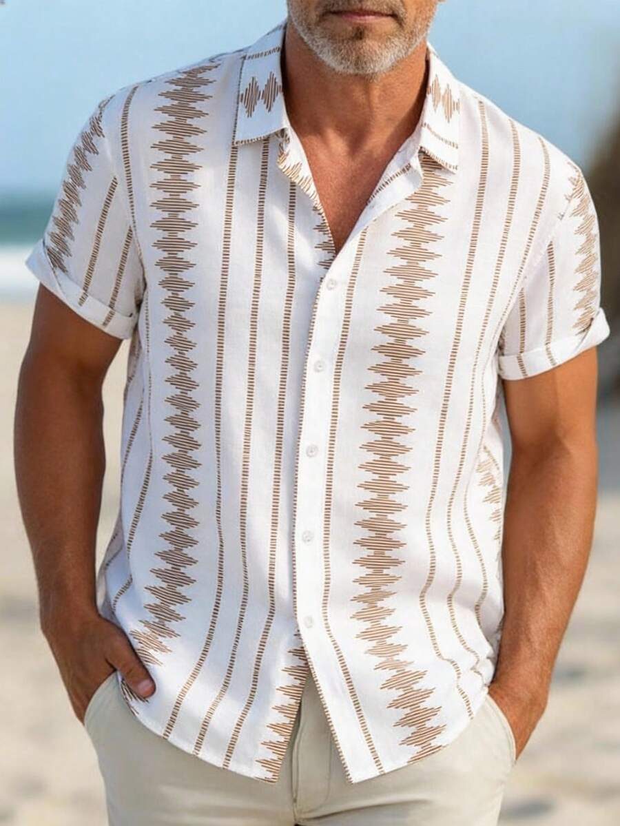 GOLDREDY Herren Mode Lässig vielseitig bedrucktes & gestreiftes Design Hemd mit Umlegekragen und Knopfleiste, Kurzarm - Khaki - Übersicht 1