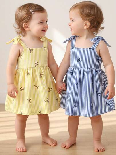 2件套女婴柔软舒适休闲优雅可爱条纹撞色公主吊带裙套装，适合幼儿女童日常穿着、度假、派对、拍照、夏季户外活动