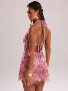 UNITHORSE Halter Neck Tie-Up Sequin Backless Elegant Party Dress - Pink - View 2