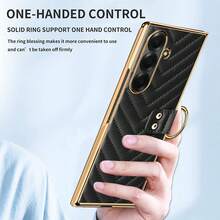 Fashionable Gold-Plated Ring Striped Leather Phone Case With Tempered Glass Screen Protector, Compatible With Samsung Galaxy Fold 3/4/5/6/7, Anti-Drop Protective Cover - Pink - View 7