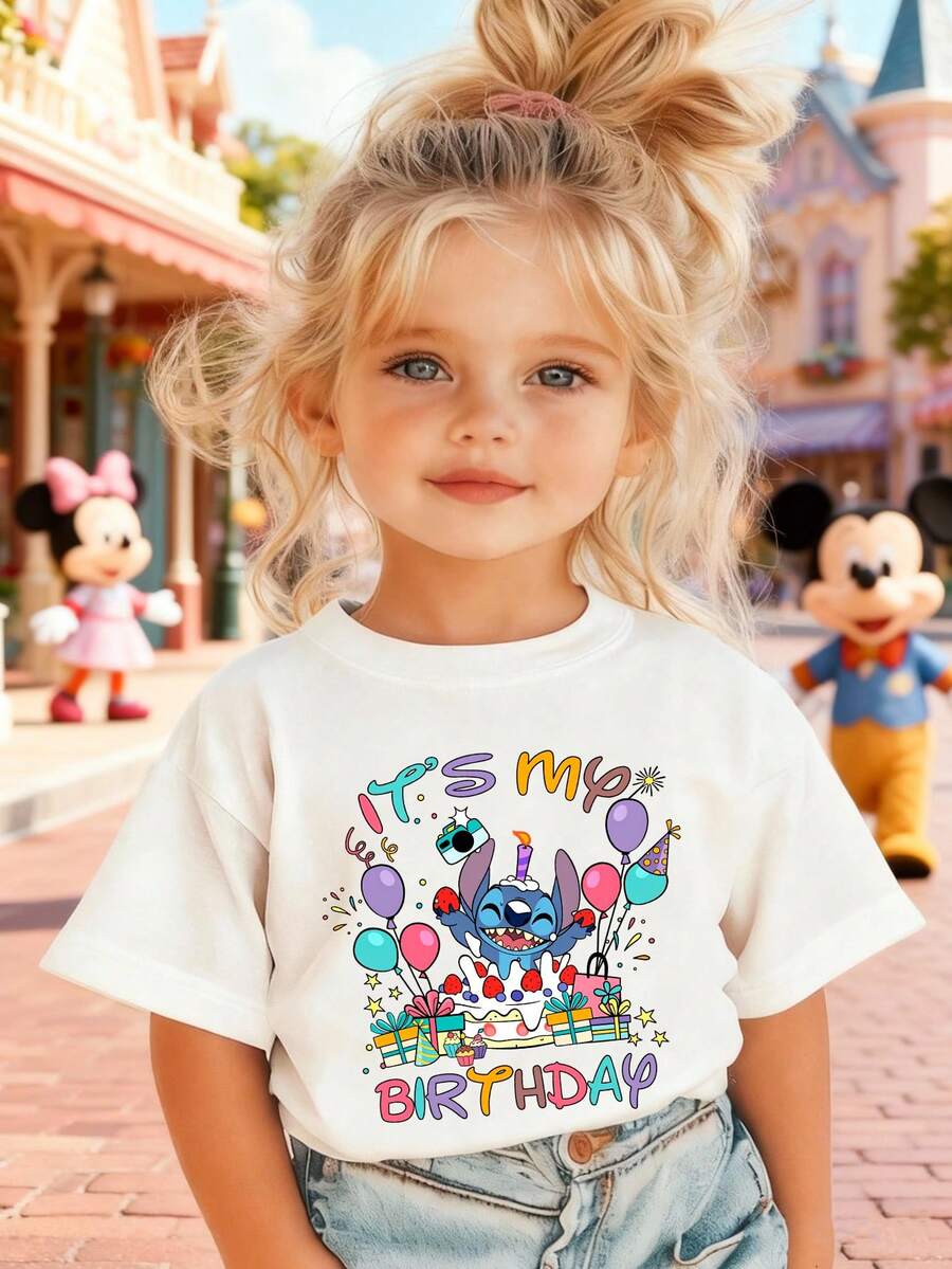 Disney Girls' T-Shirt, Creative Stitch Alphabet Cartoon Print, Summer Cotton Crew Neck Short Sleeve For Girls, Perfect For Everyday Wear, Vacations, Outdoor Activities, And As A Gift For Kids. - trắng - Xem 1