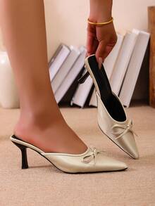 Damen Mode Spitze Zehen Schleife Slip On Mules, bequeme vielseitige High Heel rückenfreie Sandalen, Sommer - Beige - Übersicht 1