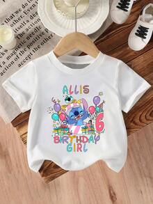 Disney Girls' T-Shirt, Creative Stitch Alphabet Cartoon Print, Summer Cotton Crew Neck Short Sleeve For Girls, Suitable For Everyday Wear, Vacations, Outdoor Activities, And As A Gift For Children. - 白色 - 查看 2