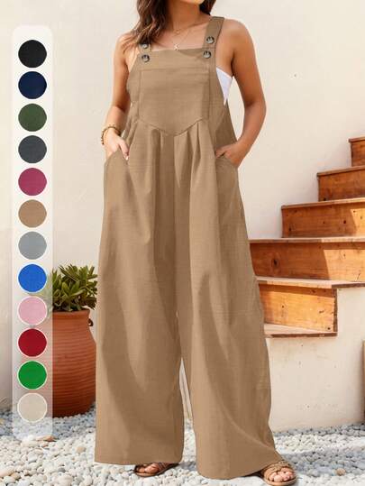 Plus Size Women's Pleated Wide Leg Casual Solid Color Bib Pants, Autumn/Winter