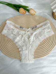 1pc Personalized Text Custom G-String Panty With Crystal Embellished English Letters & Numbers, Hollow Lace Criss-Cross Sexy Bikini Briefs, Customized Name & Date Printed G-String, Ideal Gift For Wife, Friend, Lover, Bestie On Valentine's Day, Christmas, Halloween, Thanksgiving, Birthday, Anniversary - White - View 4