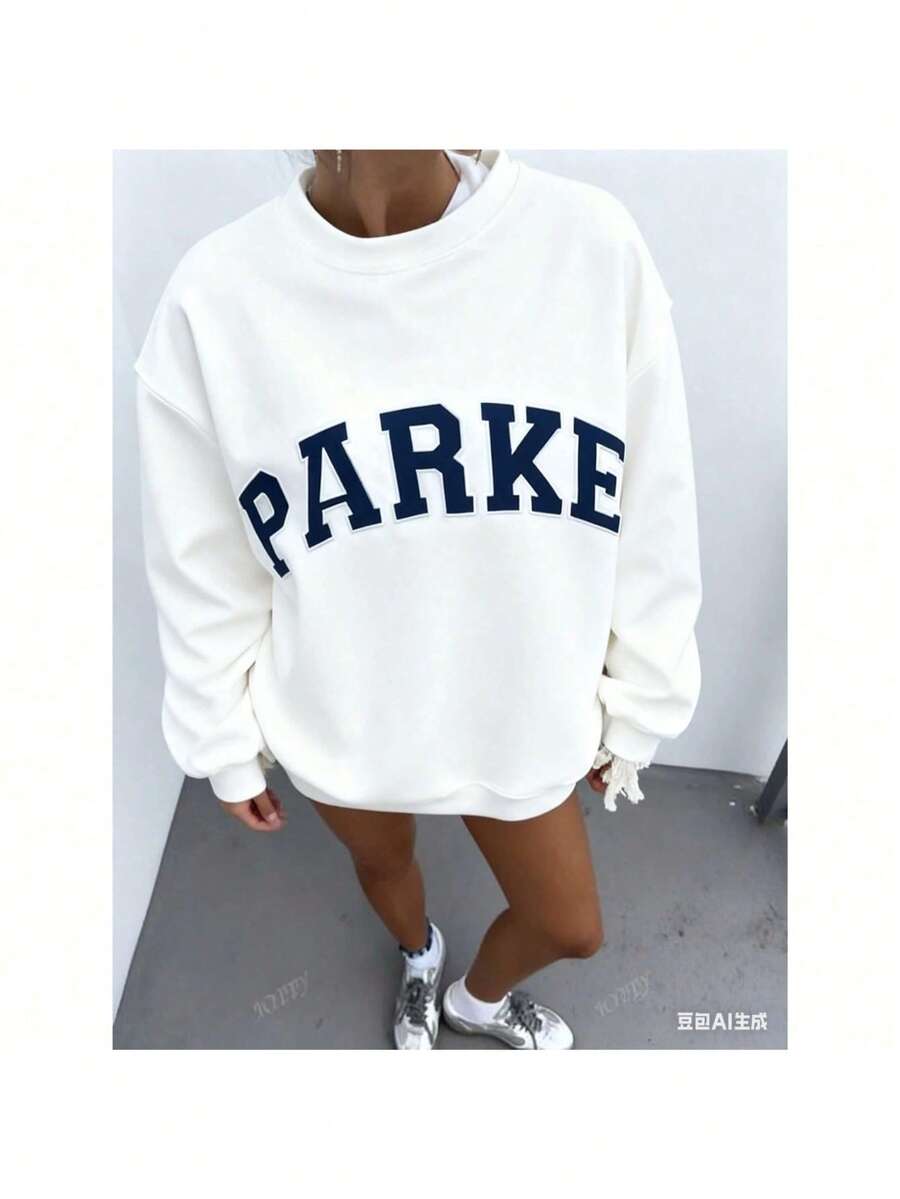 Women's Casual "PARKE" Letter Print Loose Pullover Sweatshirt, Encountering Lazy Fashion. - 白色 - 查看 1