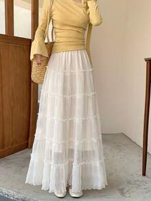 2026 Spring Women's High Waist Pleated Cake Skirt, A-Line Flared Skirt With Textured Frill Trim, Slimming And Flattering Summer - Apricot - View 6