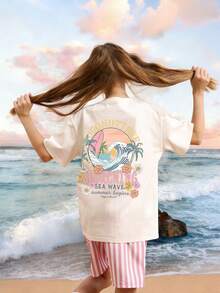 Set de 2 camisetas de manga corta con estampado de conchas y olas tropicales para niñas preadolescentes, apropiado para el verano estudiantil, conjunto a juego, amistad - Multicolor - Ver 2