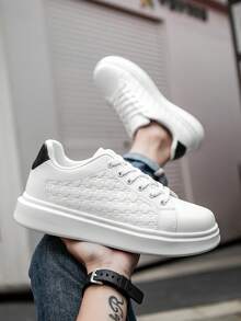 Men's Personalized Couple Style Black & White Contrast Random Embossed Design Casual Sneakers, Fashion Minimalist Lace-Up Classic Leather Comfortable Casual Walking Shoes - White and Black - View 10