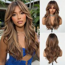 24 Inch Long Wavy Dark Brown Wig With Bangs Light Highlights Synthetic Wig, Natural-Looking Hairpiece For Women Perfect Daily Wear, Party & Fashion Styling - Màu nâu ombre - Xem 12