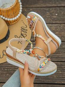 1 par de sandalias planas con cuña de suela gruesa y estilo retro tejido con 3 flores para adolescentes - Multicolor - Ver 2