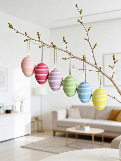 6 יחידות ביצי פסחא צבעוניות תלויות קישוטי עץ ביצים בצבע פסטל למסיבת אביב, אספקת מתנות לחג