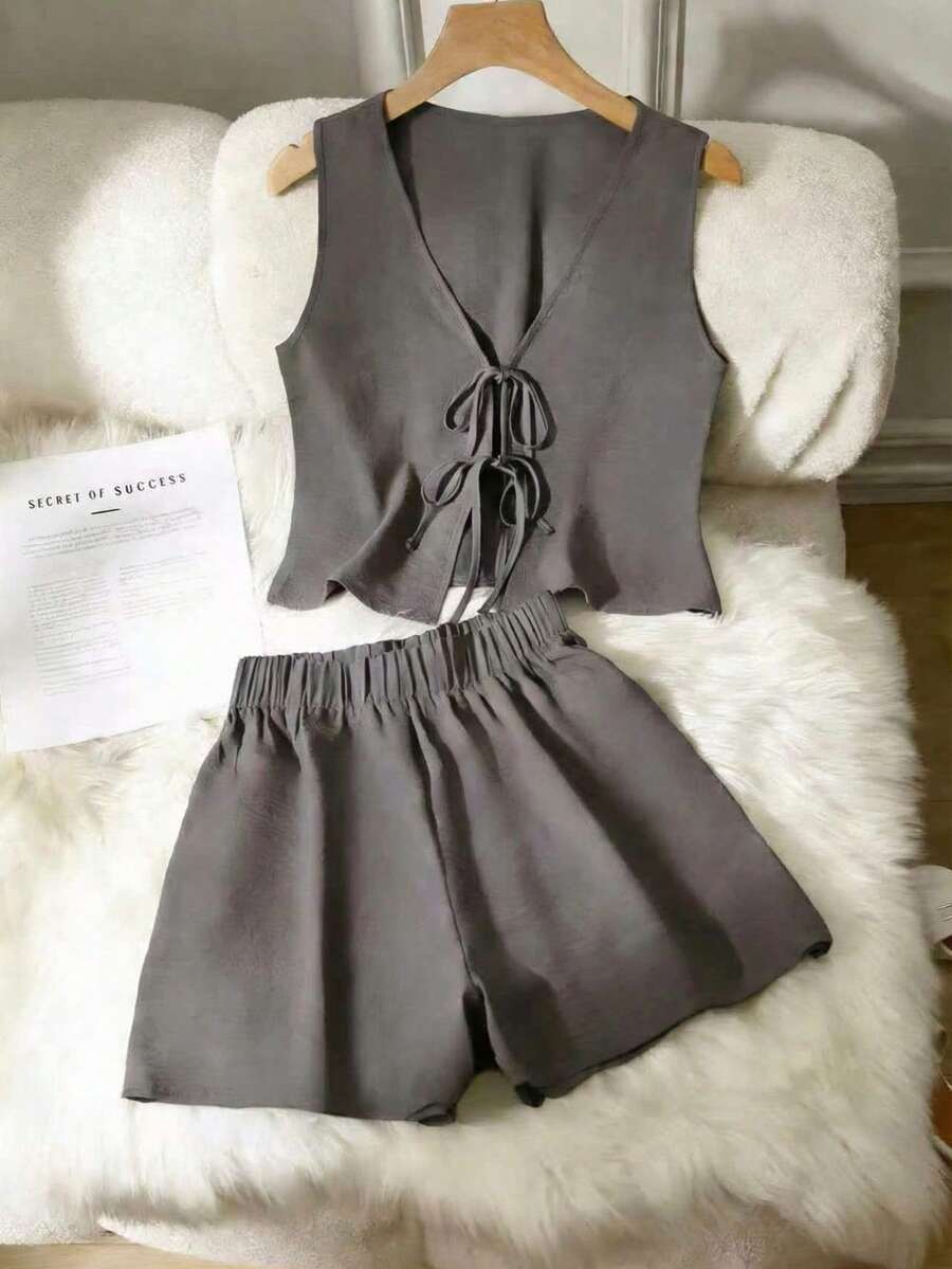 2件套纯色休闲打结女装,春夏优雅款 - 灰色 - 查看 1