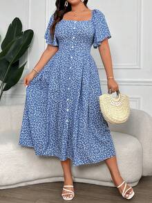 Pretty and Ole Robe d'été boho pour femme avec col carré boutonné, imprimé floral délicat, grande taille - Bleu azur - Voir 3