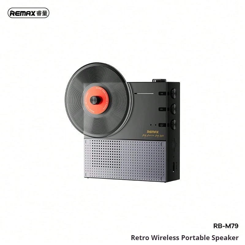 REMAX RB-M79“时光旅行”复古黑胶蓝牙音箱提供高品质低音和无线便携性，非常适合卧室、桌面、聚会或露营，也是斋月或开斋节的贴心礼物。