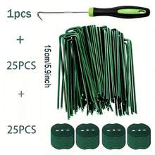 1 Peça Conjunto (25 estacas + 25 arruelas + 1 Peça gancho) Estacas Verdes para Gramado, Estacas de Jardim em Forma de U com Arruelas, Estacas de Aço Galvanizado Resistentes de 15 cm para Fixar Tendas de Paisagismo, Barreiras e Tecidos, Estacas Metálicas Duráveis para Jardim - junta verde - Visão 12