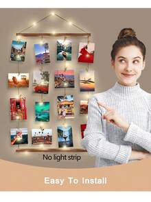 1 Set Photo Frame Collage Wall Decor - Photo Board With 30 Clips And String For Photo Display, Artwork Hanging Multiple Photos, Size: 15.8" L X 27.6" W (Without Light Strip) - Brown - View 3