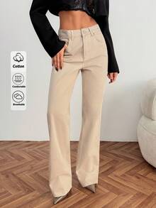 High Waist Plain Casual Comfortable Denim Pocket Zipper Button Jeans - Light Wash - View 2