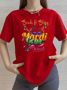Máscara morada con plumas y cuentas de colores representando la alegría del Mardi Gras y su espíritu festivo camiseta de mujer 100% algodón - Rojo - Ver 8