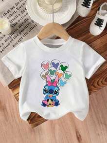 Disney Girls' T-Shirt, Featuring A Creative And Adorable Stitch Cartoon Print. Summer Cotton Crew-Neck Short-Sleeve Tee For Girls, Perfect For Everyday Wear, Vacations, Outdoor Activities, And As A Gift For Children. - 白色 - 查看 3