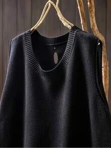 Loose Fit Back Button Round Neck Knit Vest, Layering Sleeveless Top Black - Black - View 3