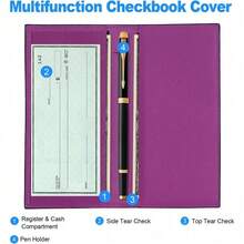 Premium Leather Checkbook Cover For Men And Women Checkbook Holder Wallet RFID Blocking - 紫牡丹 - 查看 2