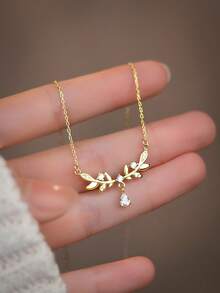 CROSSDEER 1pc Fashionable High-End Handmade S925 Sterling Silver Inlaid Sparkling Gemstone Leaf Pendant Necklace, Quality Jewelry Suitable For Women's Daily, Party, And Anniversary Outfits - Leaf - View 2