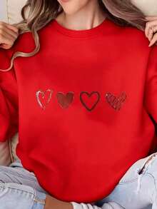 Women's Oversized Grey & Burgundy Heart Pattern Crewneck Sweatshirt - White Casual Sweater With Maroon Hearts, All-Season Layering Top, Machine Washable Round Neck Shirt For Valentine's Day & Casual Attire Graphic Crew Neck Sweatshirt,Streetwear Oversized Crew Neck Sweatshirt -  Graphic Print Design - 紅色 - 查看 10