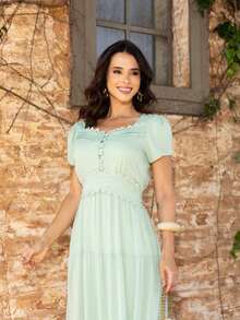 Elegant Boho Chiffon Midi Dress With Elastic Waist, Ruffled Hem, Pleated, Layered, Modest Fashion, Wedding, Summer - Green - View 2