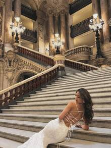 Long Elegant Backless Knit Bridesmaid Dress, Spaghetti Strap Sleeveless Design, Slightly Stretchy, Suitable For Parties And Vacations - White - View 4