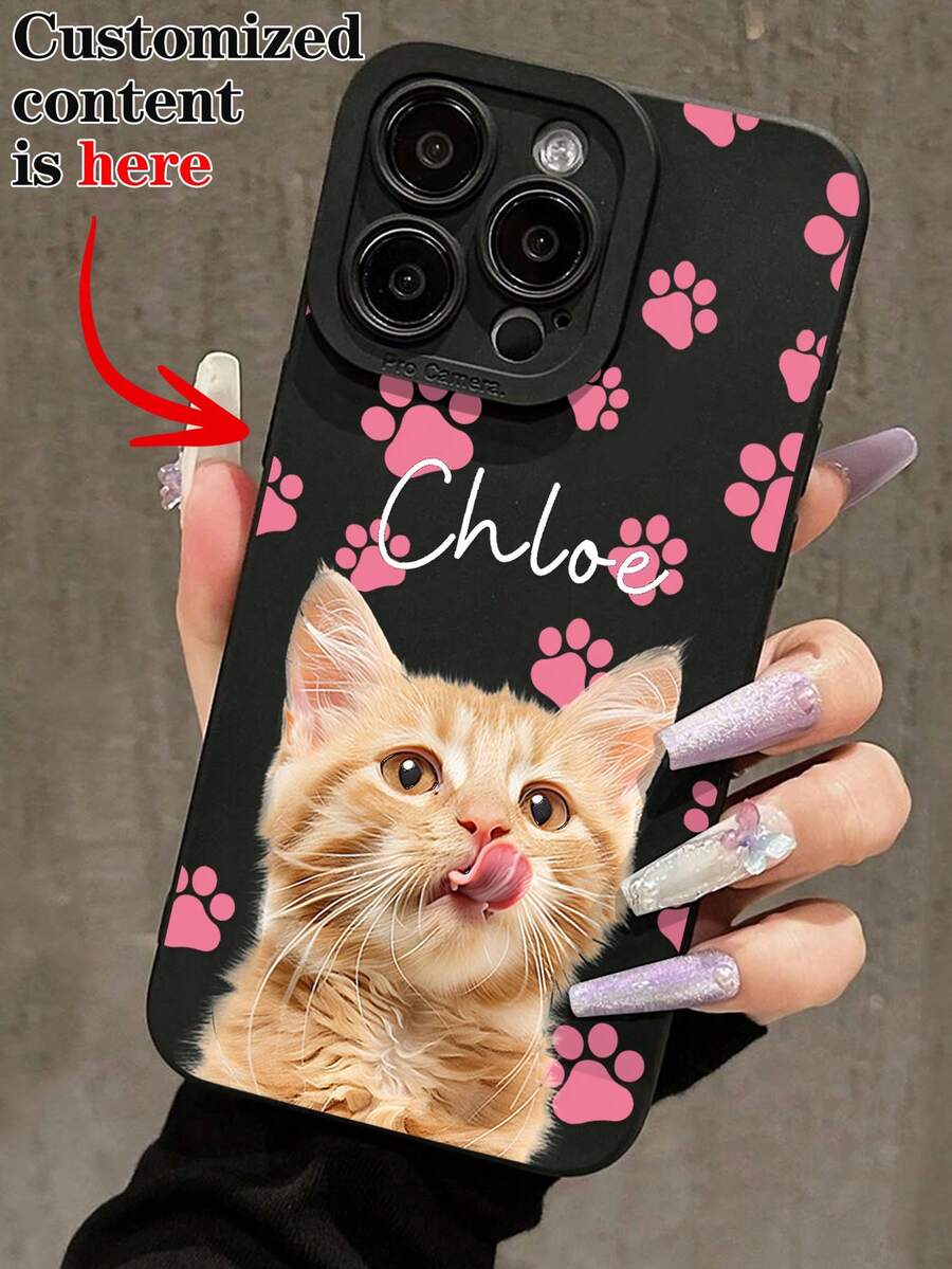 粉黑猫元素定制手机壳 1个装 可定制宠物照片、爪印和名字文字设计 黑色手机壳，适用于A14、A15、A13、A12、A55、A54、A21s、S21、S22、S23、S24 Ultra、 11、12、13、14、15、16 Pro Max 生日礼物 周年纪念礼物 国际版，非国内版 - 黑色 - 查看 1