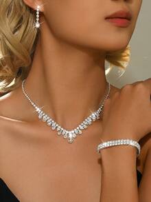 Bộ trang sức cao cấp 4/5 món gồm dây chuyền, bông tai, vòng tay và nhẫn hình học đính pha lê, thanh lịch và thời trang, phù hợp cho đám cưới, tiệc tùng và đi làm hàng ngày. - Màu xanh lam - Xem 4